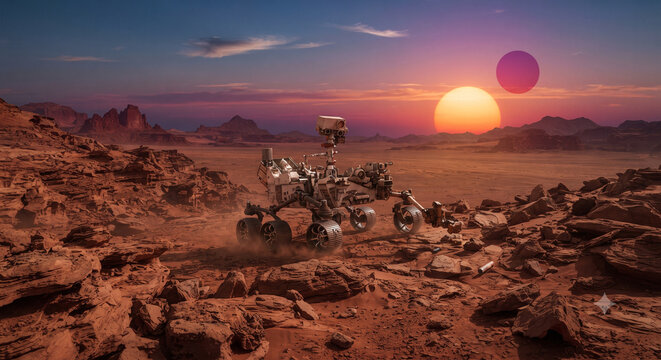 Mars rover vehicle exploring rocky alien planet terrain with double sun sunset landscape	두 개의 태양 일몰 풍경이 있는 바위가 많은 외계 행성 지형을 탐사하는 화성 로버 차량