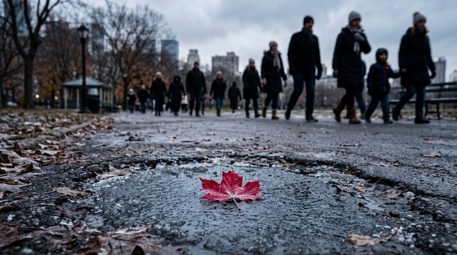 Red leaf on icy pavement in a park with blurred people walking, symbolizing autumn's end, transition, and nature's cycle