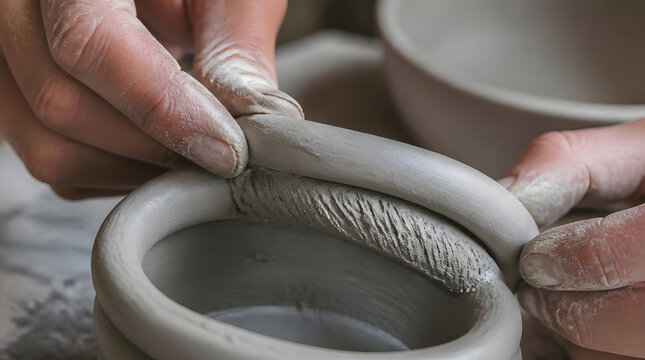 Close up of Ceramicist Hands Joining Clay Coils to Build Pottery