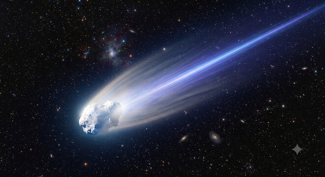 Glowing comet and asteroid with bright ice tail flying through deep space universe and galaxy background	깊은 우주와 은하 배경을 날아가는 밝은 얼음 꼬리를 가진 빛나는 혜성과 소행성