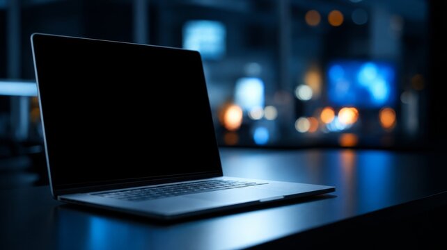 Blank laptop screen resting upon dark desk surface within modern dimly lit professional office setting with against blurred background sitting polished surface