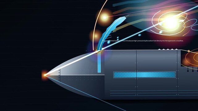 Technical animation of a hypersonic strut combustion process in a scramjet engine showing fuel injection, shockwave interaction, auto-ignition, and thrust generation in supersonic airflow
