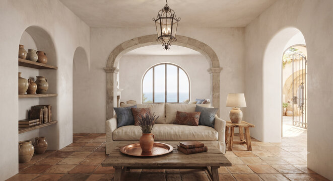 Cozy Mediterranean style living room interior with rustic terracotta floor, arch windows and sofa	소박한 테라코타 바닥과 아치형 창문, 소파가 있는 아늑한 지중해풍 거실 인테리어