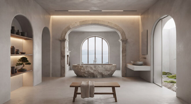 Luxury modern spa bathroom interior with natural stone bathtub and elegant arch windows	자연석 욕조와 우아한 아치형 창문이 있는 럭셔리 모던 스파 욕실 인테리어
