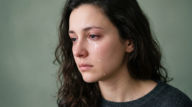 Close-up of a woman's face with tears on her cheek, conveying sadness, grief, or distress, representing emotional vulnerability.