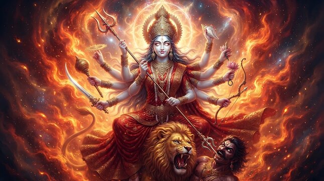 Goddess durga defeating mahishasura in a cosmic battle with divine weapons and lion mount