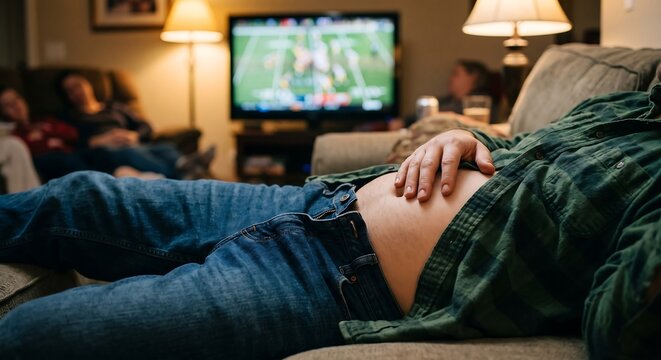 Man in a food coma sleeping on the living room couch after a large holiday feast