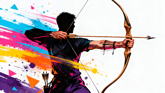 Archer aiming with a bow and arrow on a vibrant artistic background