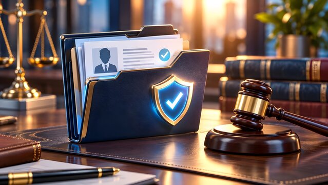 Legal desk featuring a gavel and scales of justice beside a secure document folder with a glowing digital shield highlighting data privacy compliance