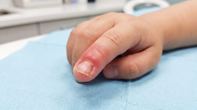 Close up of a child finger with paronychia infection around the nail.