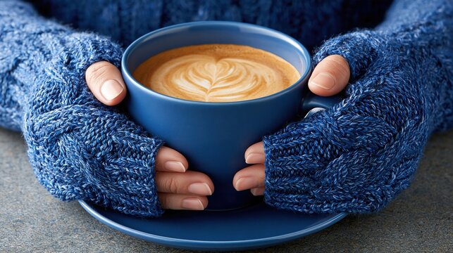 Cozy hands in blue knit gloves holding a warm cup of coffee