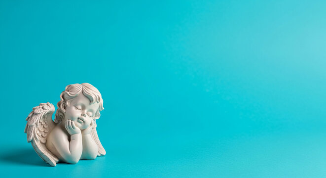 White cherub statue resting head on hand against a bright turquoise background, symbolizing peace, innocence, and celestial themes
