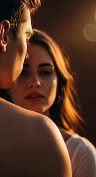 Close-up of a couple embracing, bathed in golden hour light, symbolizing romance, intimacy, and connection, suitable for lifestyle or love concepts