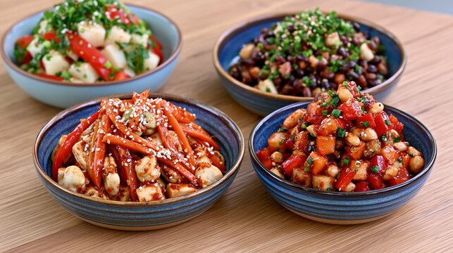 Four bowls of colorful Asian-inspired salads on a wooden table