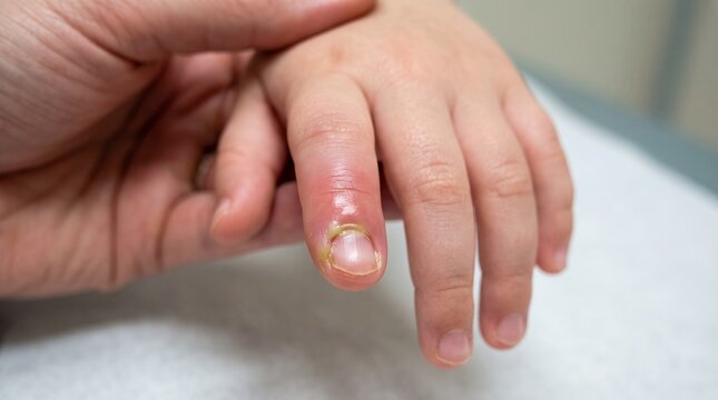 Close up of a child's finger showing signs of paronychia infection with redness and swelling.