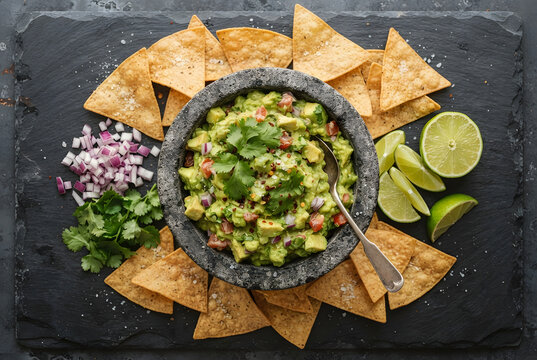 Fresh homemade guacamole in a stone molcajete bowl with crispy tortilla chips, diced red onions, cilantro, and fresh limes