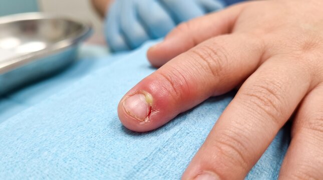 Close up of a swollen infected finger with paronychia inflammation and pus.
