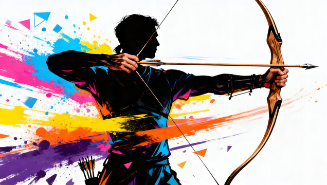Bowman preparing to shoot an arrow with a striking colorful backdrop