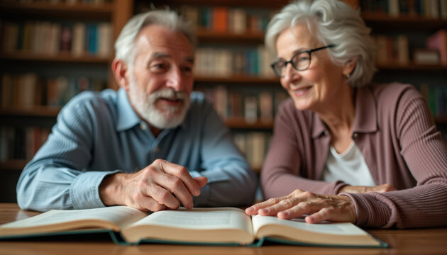 Elderly couple reading together in cozy library setting, sharing joyful moments over book. Engaging elderly couple immersed in literature on table, creating lasting memories together.
