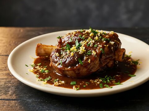 Roasted pork chop served with fresh herbs and brown sauce on a plate. veal osso bucco