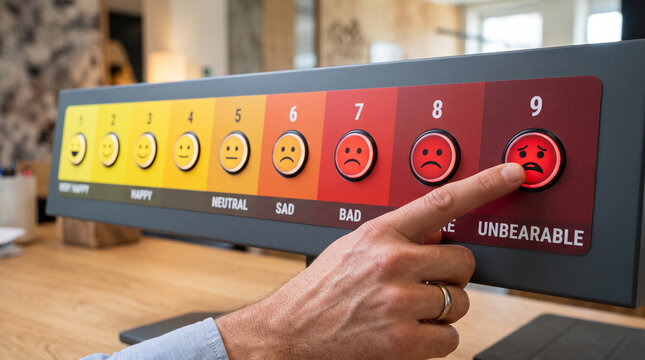 A hand presses a red button with a sad face on a customer satisfaction scale, representing a negative experience or feedback.