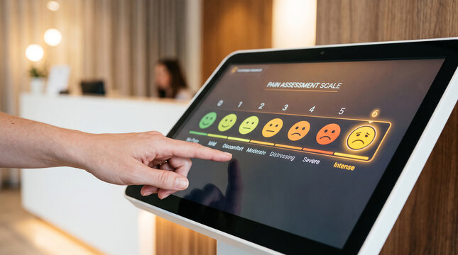 Finger touching a digital pain assessment scale on a touchscreen display, showcasing pain levels from mild to intense, representing patient feedback and medical evaluation.
