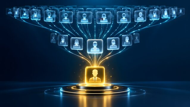 Glowing digital network funnel filtering multiple user profiles into a single golden winning candidate on a podium