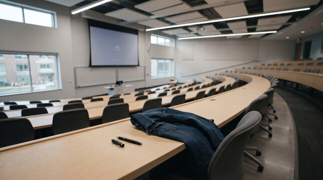 Large university lecture hall with tiered seating and projector screen