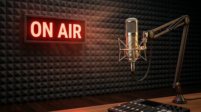 Atmospheric Professional Radio Studio with Glowing On Air Sign and Condenser Microphone Setup