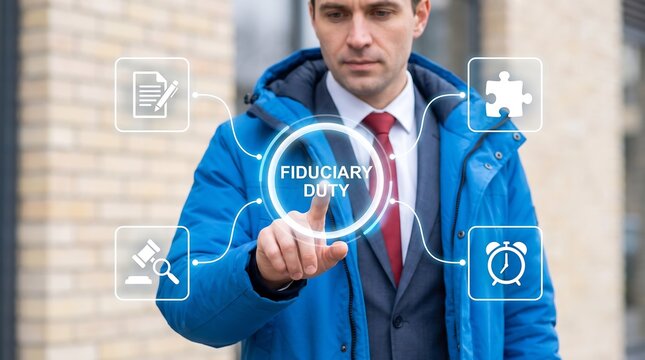Business person using virtual touch screen clicks the inscription FIDUCIARY DUTY. Concept of business fiduciary duty. businessman pressing virtual button