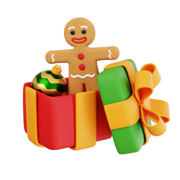 3D Christmas themed gift box with gingerbread men 3d rendered illustration isolated on transparent background