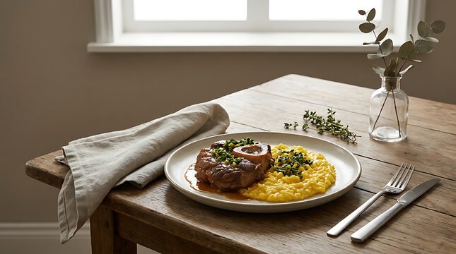 Osso buco with creamy polenta served on a plate on a rustic wooden dining table by a window. veal osso bucco