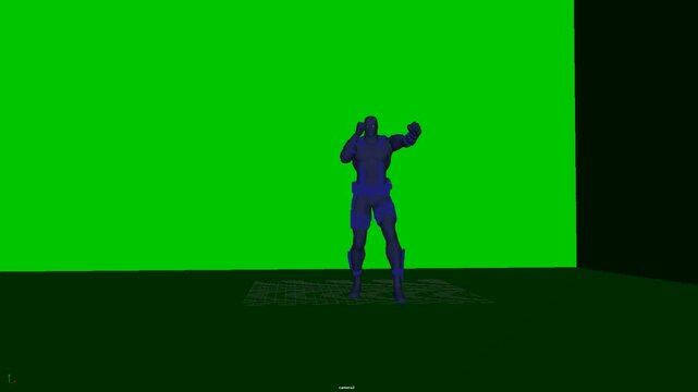 3D humanoid character standing with raised arms on a studio floor, centered in a full body pose that shows balance, posture, and body positioning for animation reference, suitable for production.