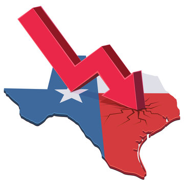 3D illustration symbolizing economic crash, financial crisis, recession, and decline in Texas, featuring a downward red trend arrow impacting the state flag territory map (cut out)