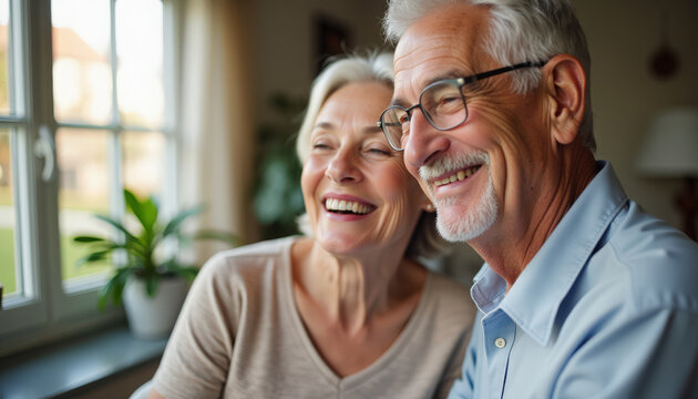 Happy elderly couple enjoying time together by the window, smiling and sharing moments of joy. Elderly couple expresses happiness in their cozy home environment.