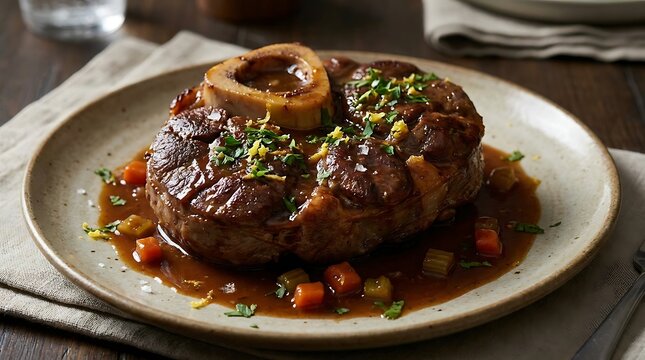 Delicious osso buco veal shank served on a plate with savory sauce and fresh green herbs. veal osso bucco