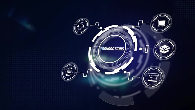 Secure financial transactions and digital payment processing concept, displaying interactive futuristic hud visual with banking icons