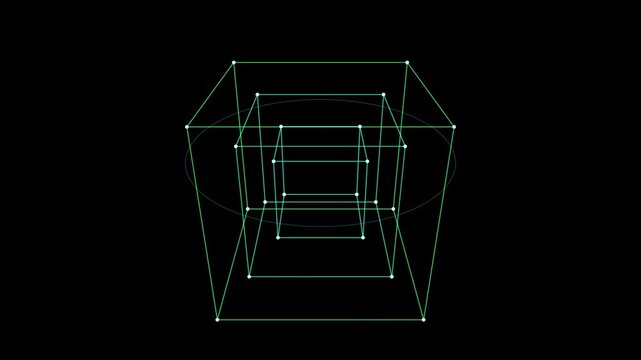 Abstract 3D Rotating Nested Wireframe Cubes Tesseract Hypercube Glowing Mint Green Polygons Orbital Ellipse Cyber HUD Remotion Code Generated Motion Graphics Loop 4K HD Video Asset