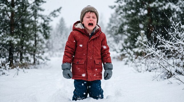 A young boy crying while standing alone in a snowy forest during winter.