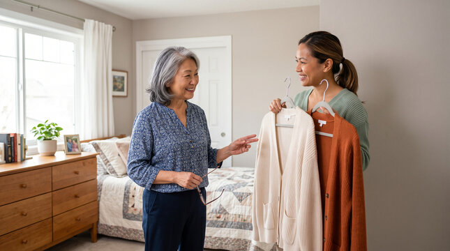 Senior woman and young woman smiling in bedroom choosing clothes together natural light cozy home supportive atmosphere intergenerational bonding casual style caregiving