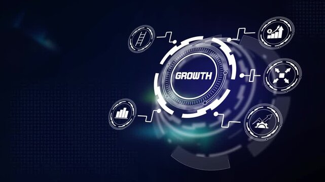 Digital business development and performance growth analytics, featuring smart interactive UI graphics with market expansion symbols
