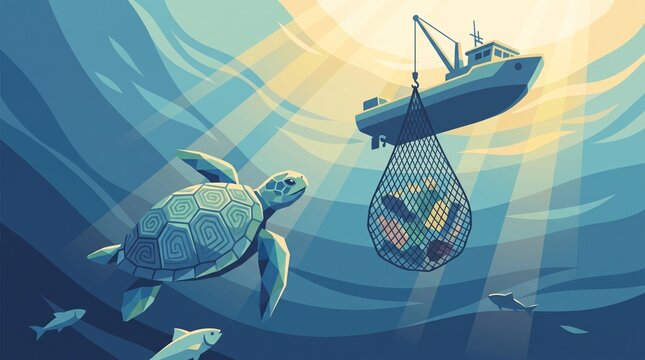 Stylized vector illustration of a sea turtle swimming underwater near a fishing boat pulling up a net of fish