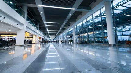 Fototapeta premium A modern airport terminal with polished floors glass walls and bright overhead lighting creating a spacious and clean travel environment