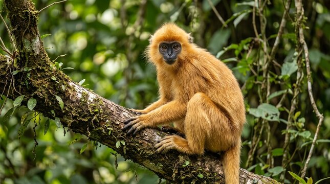 A rare golden langur monkey perched on a tree branch in the dense tropical forest.