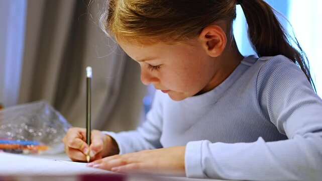 First grade girl writes with pencil while studying at home. Focused child develops handwriting and learning skills with selective focus and shallow depth of field