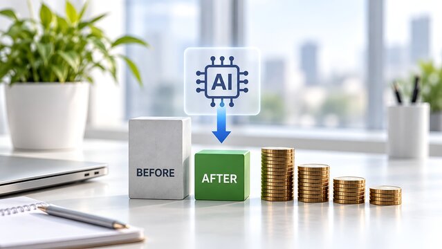 Artificial Intelligence for Business Cost Reduction and Expense Optimization Concept with Before and After Blocks