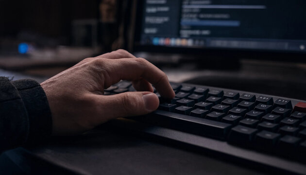 Person hand typing on computer keyboard at desk during late night work in dark office