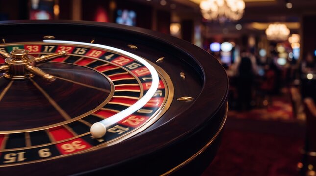 Roulette wheel spinning with motion blur on the ivory ball. Luxurious casino interior with bokeh lights in the blurred background.