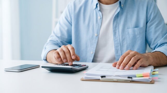 Close up male accountant hand pressing calculator button and checking financial document paperwork with stack of papers on desk. accountant,calculating,machine
