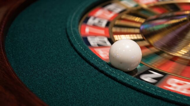 Spinning roulette wheel with white ball resting on green felt surface. Macro texture detail of luxury casino gaming equipment background.